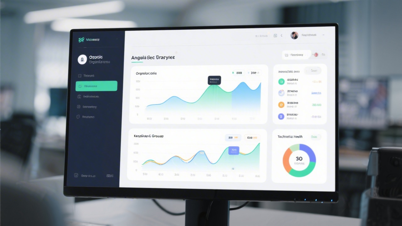 Modern analytics dashboard on a widescreen monitor showing organic traffic trends, keyword groups, and technical health indicators with neutral colors and readable charts.