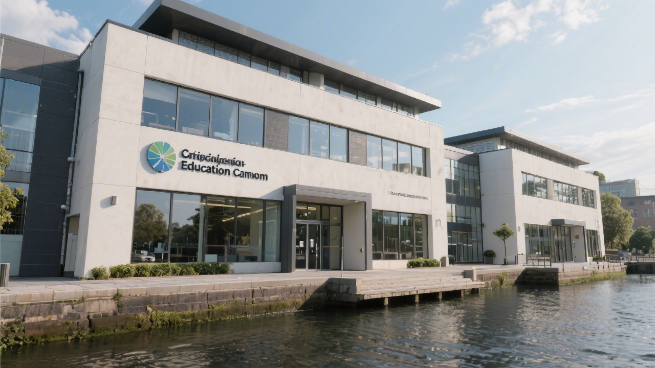Exterior view of a modern Dublin riverside office building with clear signage and professional entrances, representing a calm and credible education environment.