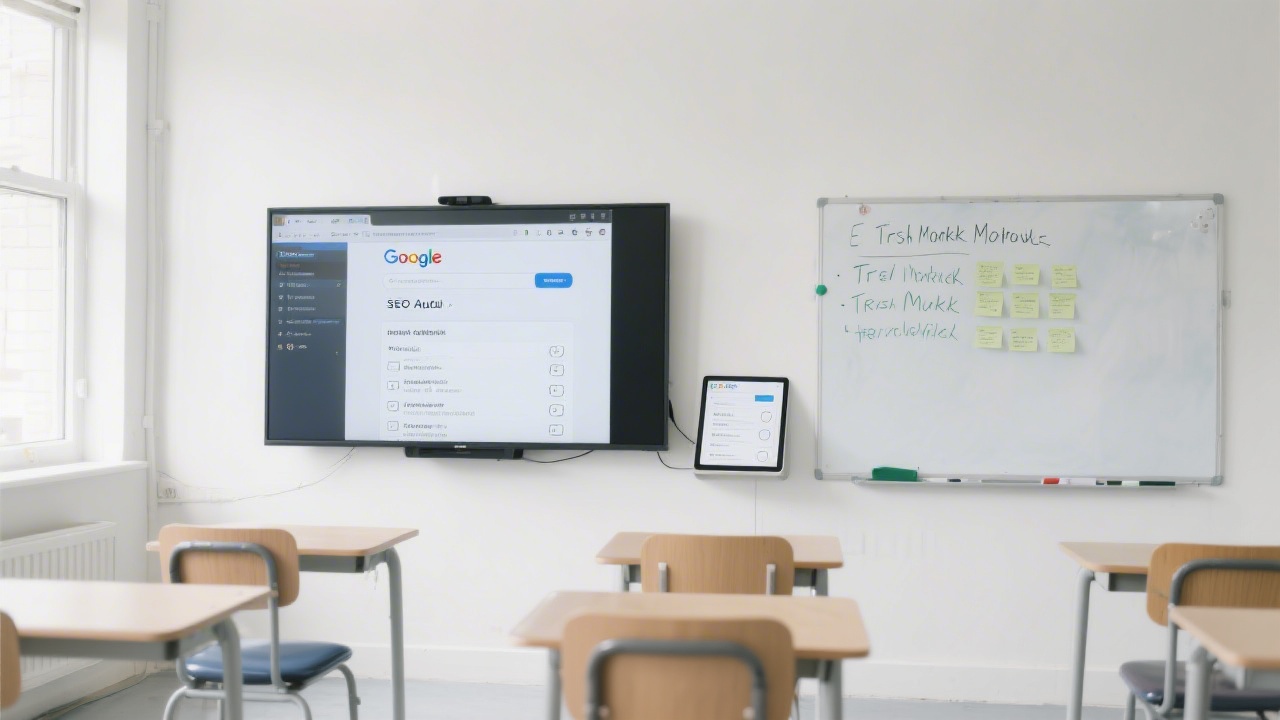 Bright classroom setting with a large monitor showing a Google search results page, an SEO audit checklist on a tablet, and Irish market notes on a whiteboard, clean professional atmosphere.