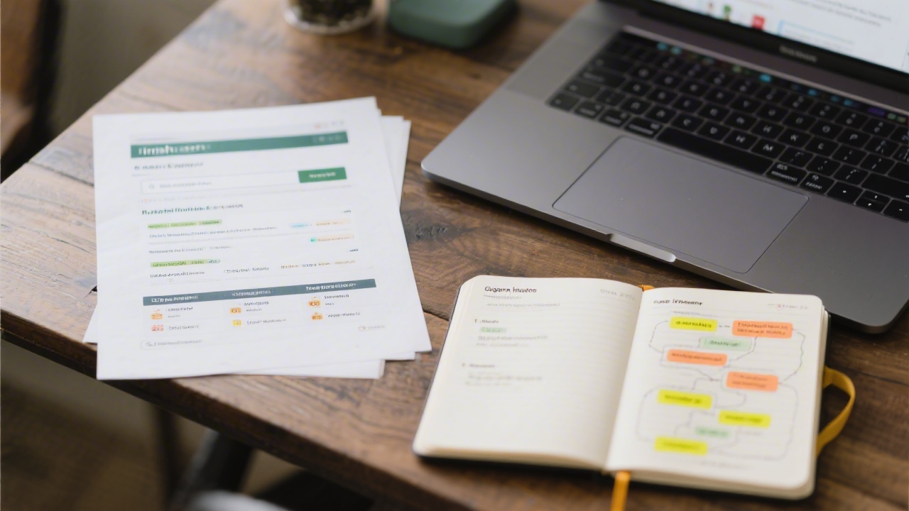 Close-up desk scene with a laptop showing Irish search results and a printed sheet of local ranking factors, alongside a notebook with geographic intent clusters and highlighting.