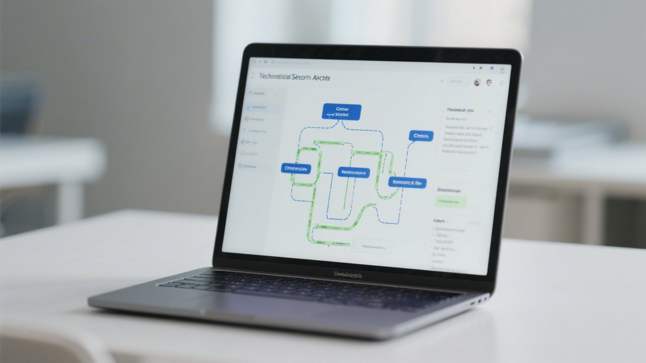 Laptop screen displaying a technical SEO architecture diagram with crawl paths, indexation flow, and structured data notes, photographed in a clean workspace.